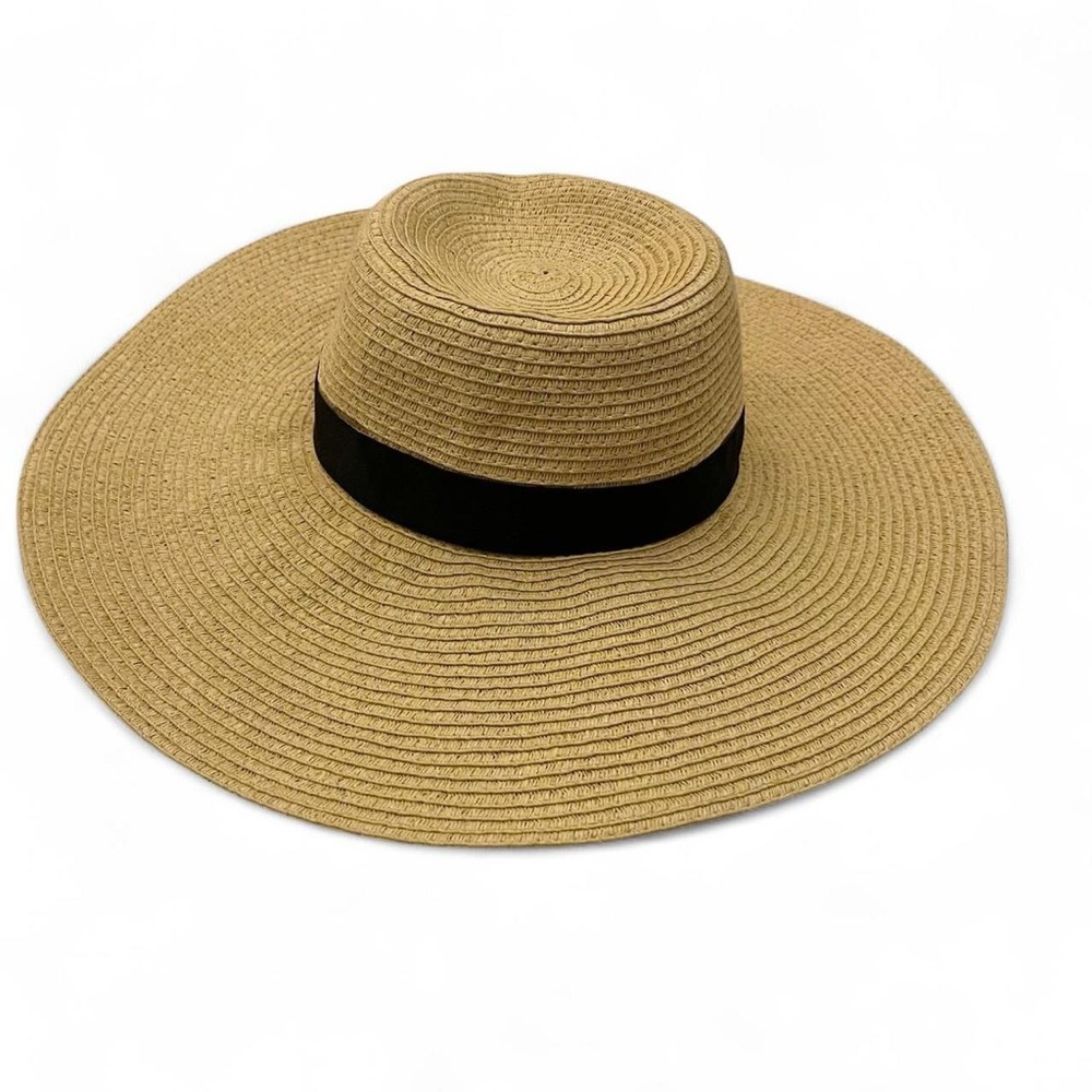 Wide Brim Floppy Sun Hat - Tan with Black Ribbon